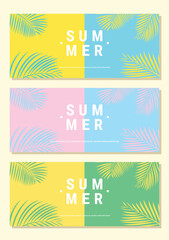 Creative summer sale banner in trendy bright colors with tropical leaves and discount text. Season promotion illustration.