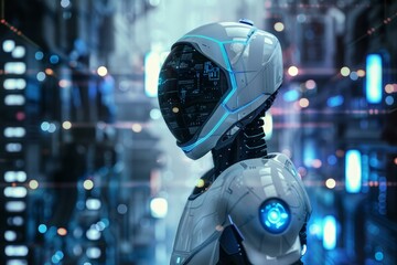 Advanced humanoid robot managing and controlling complex technological infrastructure in a modern data center