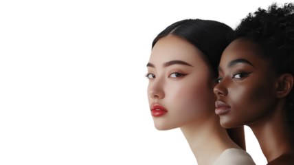 Diverse beauty of two women showcasing elegance and style in a minimalist setting