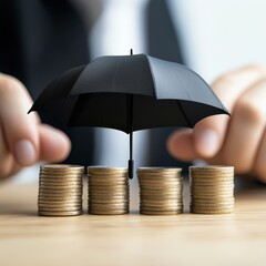 Umbrella Protection Over Stacked Coins in Finance Concept