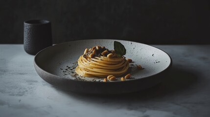Indulging in gourmet pasta cozy restaurant food photography elegant setting close-up view culinary art