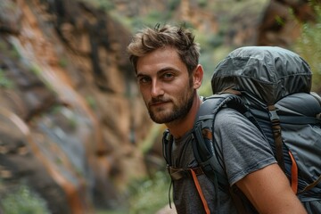Obraz premium Backpacker hiking in beautiful canyon gorge exploring nature