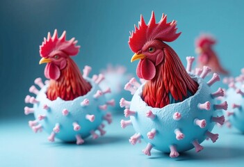 Stylized rooster in a virus-shaped shell depicting avian influenza concept on a blue background.