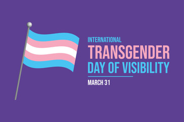 International Transgender Day of Visibility poster vector illustration. Transgender waving pride flag icon vector isolated on a purple background. Template for background, banner, card. March 31.