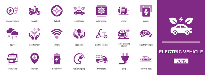 Electric vehicle vector icon set.  with electric vehicle , hybrid, economy, power, electric scooter and more icons 