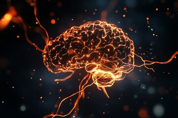 A glowing neural brain illustration in warm orange tones, symbolizing intelligence, connectivity, and neural activity, set against a dark background
