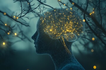 A digital representation of a glowing human brain within a silhouette, highlighting neural networks and connectivity, surrounded by soft glowing lights