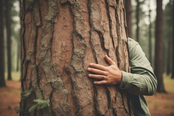 Environmentalist is embracing a large tree trunk in a woodland, demonstrating a connection with nature
