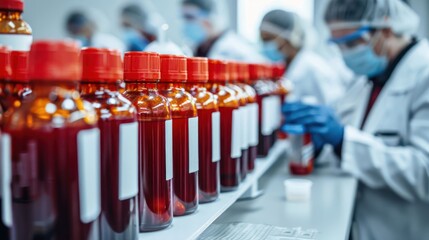 Fototapeta premium Laboratory scene with scientists in white coats working with red solution bottles on shelves