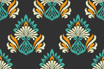 Ikat embroidery on black background. Traditional geometric oriental ethnic pattern. Abstract Aztec style vector illustration.