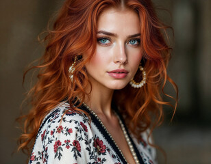 Naklejka premium Portrait of a Woman with Red Hair and Floral Blouse