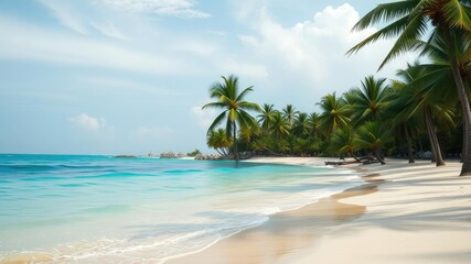 Palm tree-lined shore with turquoise ocean waves gently lapping at the shore, warm weather, travel destination