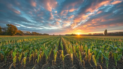Vibrant sunset over a cornfield with rows of crops and a scenic sky at dusk
