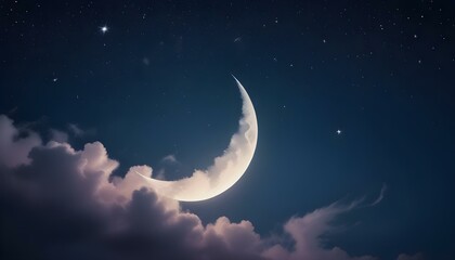 Fototapeta premium Una luna creciente en un cielo nocturno lleno de estrellas, rodeada de tenues nubes