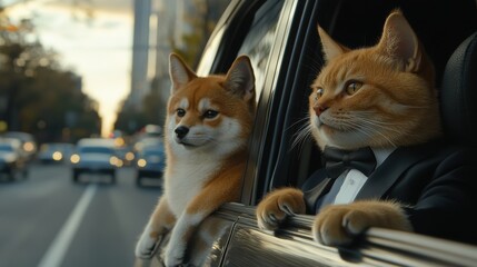 Tuxedo Cat Driving with Shiba Inu in City Fun Animal Adventure Urban Setting Whimsical Perspective