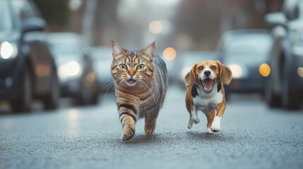 Naklejka premium Bengal Cat and Beagle Race Through Traffic City Street Animal Adventure Urban Setting Dynamic Scene