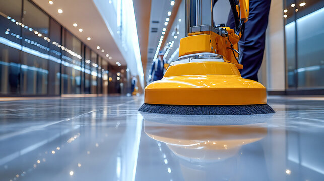 Professional janitorial staff using an industrial floor buffer machine for cleaning and polishing the hallway of a modern corporate or commercial building 
