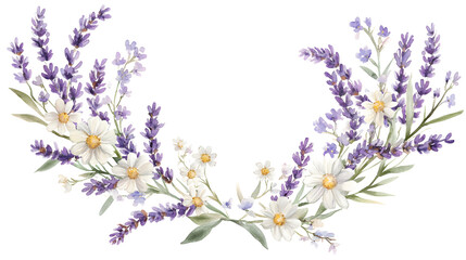 Naklejka premium A Soft Watercolor Wreath Featuring Lavender Sprigs and Daisies in Pastel Hues
