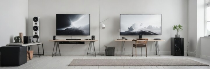 Personless computer setup in a minimalist room with white walls and a natural light source, modern computer, minimalism, tech