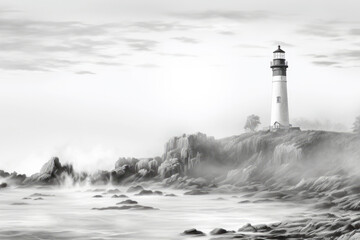 Lighthouse Sea Landscape Wild Ocean Nature Ink Sketch Style