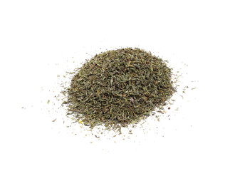 Scattered pile of dry thyme isolated on white background. Dried crushed thyme leaves.
