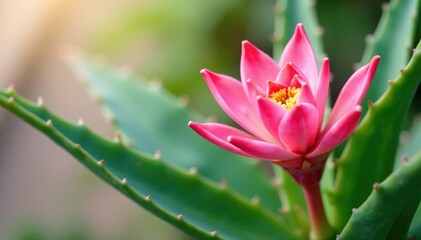 Fototapeta premium Pink Aloe Vera flowers blooming on the green plant stem, green, blooming