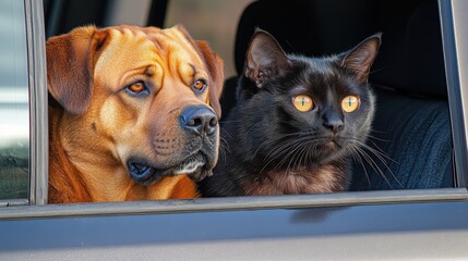 Rottweiler Driving Security Van with Burmese Cat City Streets Animal Adventure Urban Environment Whimsical Perspective