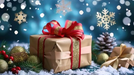 Wrapped gift box with festive decorations, pinecones, and snowflakes in a winter setting