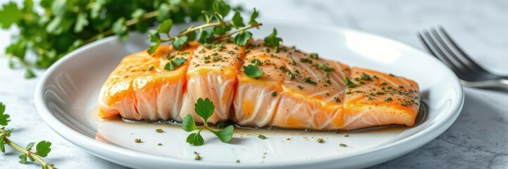 Plate with salmon fillet and fresh herbs, sophisticated cuisine, salmon fillet