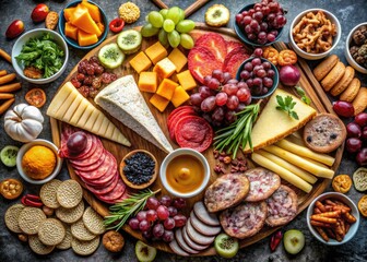 A sprawling charcuterie board, photographed from above, showcases gourmet delights in a panoramic feast.
