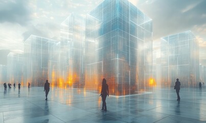 Futuristic city, glass skyscrapers, people walking.