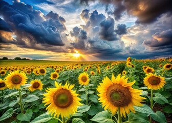 Obraz premium A surreal panorama: vibrant sunflowers bask in a dramatic sky, fluffy clouds contrasting lush greens.