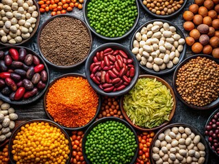A vibrant overhead shot showcases a colorful array of healthy beans, lentils, and peas against a stark black backdrop.