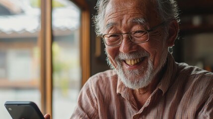 Elderly man engaging with smartphone cozy home setting portrait photography warm environment close-up perspective