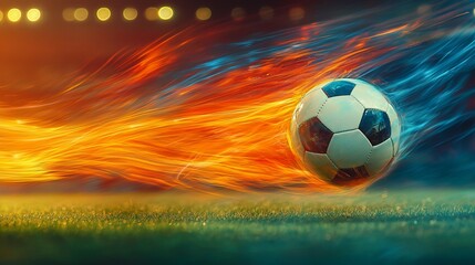 Fiery soccer ball speeding across stadium grass