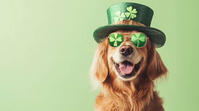 Golden Retriever Wearing a Green St. Patrick's Day Hat and Shamrock Glasses on a Green Background, Representing Celebration and Festivity