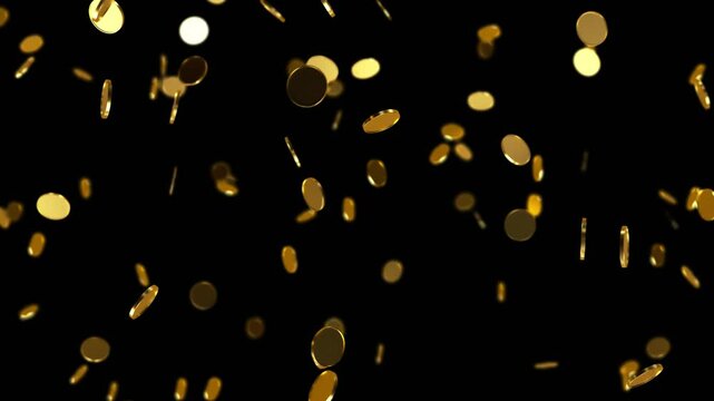 Golden coins falling on the black background. 3d render 4K loop animation.