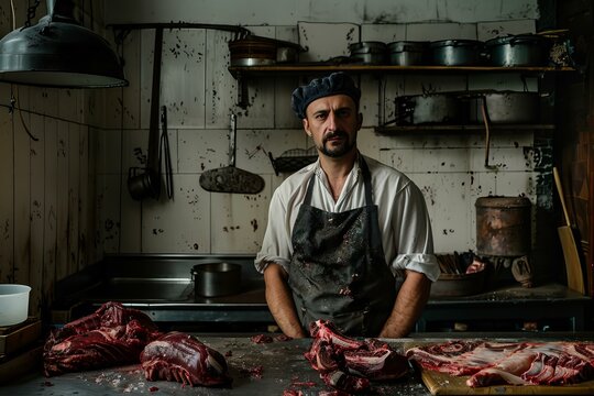 Butcher standing at table with cuts of game meat in a rustic kitchen setting