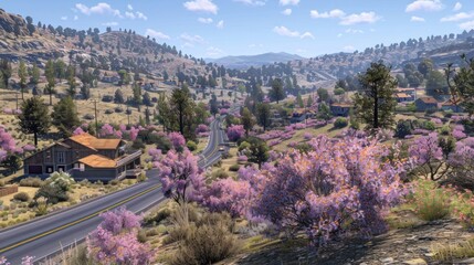 Scenic view of a winding road through vibrant pink flowers and mountainous landscape