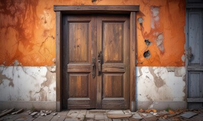 Fototapeta premium Decaying old wooden door in a abandoned house, hinges, black, handle
