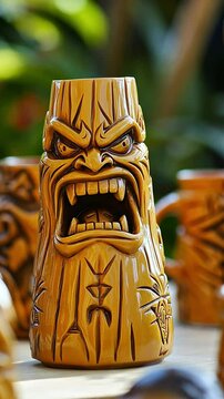 Angry tiki mug scowls on display with others, possibly for sale at a market