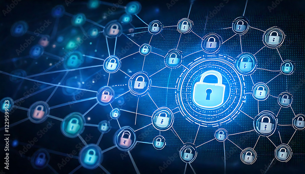 Poster abstract digital network graphic. glowing padlock icons linked by lines symbolize secure data, cyber