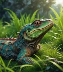 Fototapeta premium Reptilian creature resting on a lush green grass, peaceful environment, serene landscape