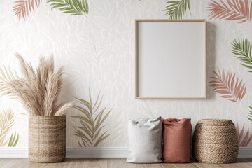 stylish interior featuring vibrant tropical wallpaper with colorful leaves, complemented by decorative baskets and cushions, creating cozy atmosphere