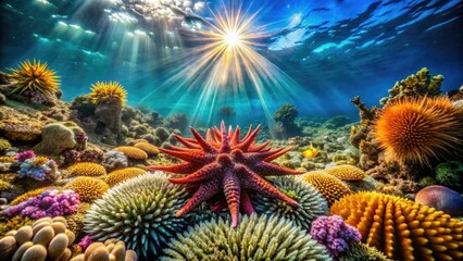Breathtaking crown-of-thorns starfish grace vibrant ocean reef seascapes.