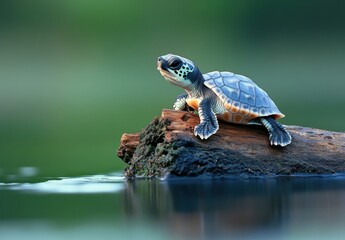 Obraz premium Beautiful Turtle Resting on a Log by a Calm Water Surface in a Serene Natural Environment with Lush Green Background and Soft Reflections