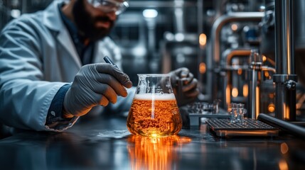 Man in lab coat pouring beer into a glass in a laboratory setting with scientific equipment around him