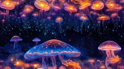 Fototapeta premium Colorful jellyfish swim gracefully in a deep ocean environment filled with vibrant aquatic life