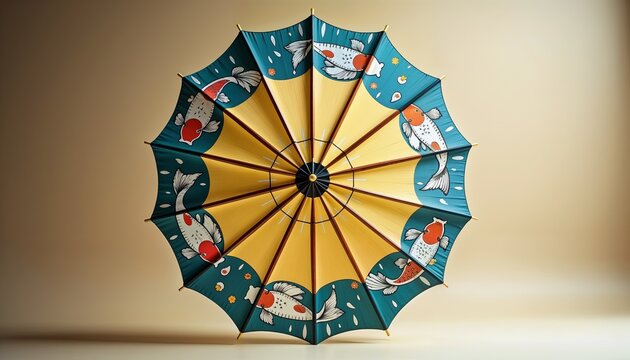 Colorful umbrella with fish patterns on light background with copy space
- Powered by Adobe
