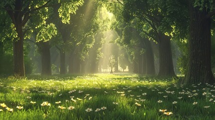 Fototapeta premium Serene forest scene with sunlight filtering through trees, illuminating a meadow of flowers